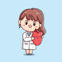 Cute cardiologist female doctor holding heart kawaii chibi flat outlined character