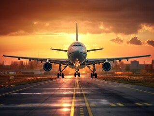 Fototapeta na wymiar A large passenger plane aircraft lands on the runway at sunset. Generative Ai technology.