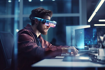 A professional using a futuristic device or wearable technology, augmented reality glasses, while working in a tech-forward office environment. Generative AI - obrazy, fototapety, plakaty