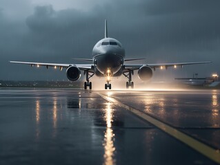 A large passenger plane aircraft takes off from the runway during heavy rain. Generative Ai technology.