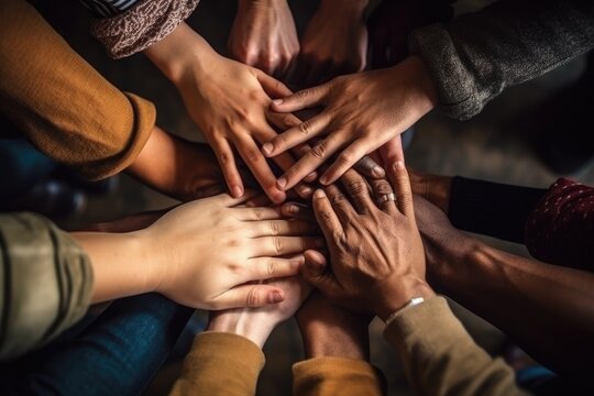 Close up of holding hands in a multi ethnic group of friends. Teamwork, connection and community concept. View from above. Generative AI illustration.
