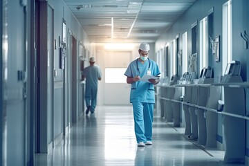 Surgeon walking in hospital hallway reading documents. Medical concept. Realistic generative AI illustration.