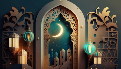 islamic background with moon lanterns and mosque for ramadan eid ul fitr and eid al adha eid milad muharram generative ai