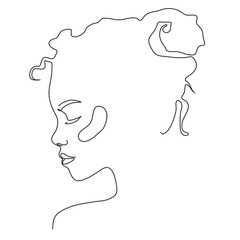 A beautiful girl with curly hair in profile in one line style on white background 