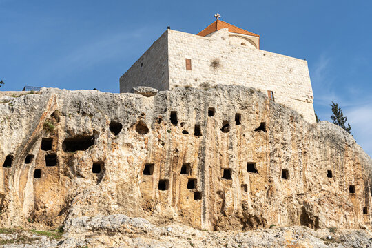 Orthodox church "Saint John al sheer" in Amioun, trogloditic graves carved in the rock,oldest inhabited city in Lebano