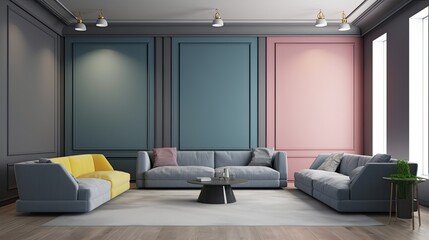 Fototapeta premium Grey Room Interior with Coloured Furniture, Wall & Copy Space for Text & Product Presentation, Generative AI