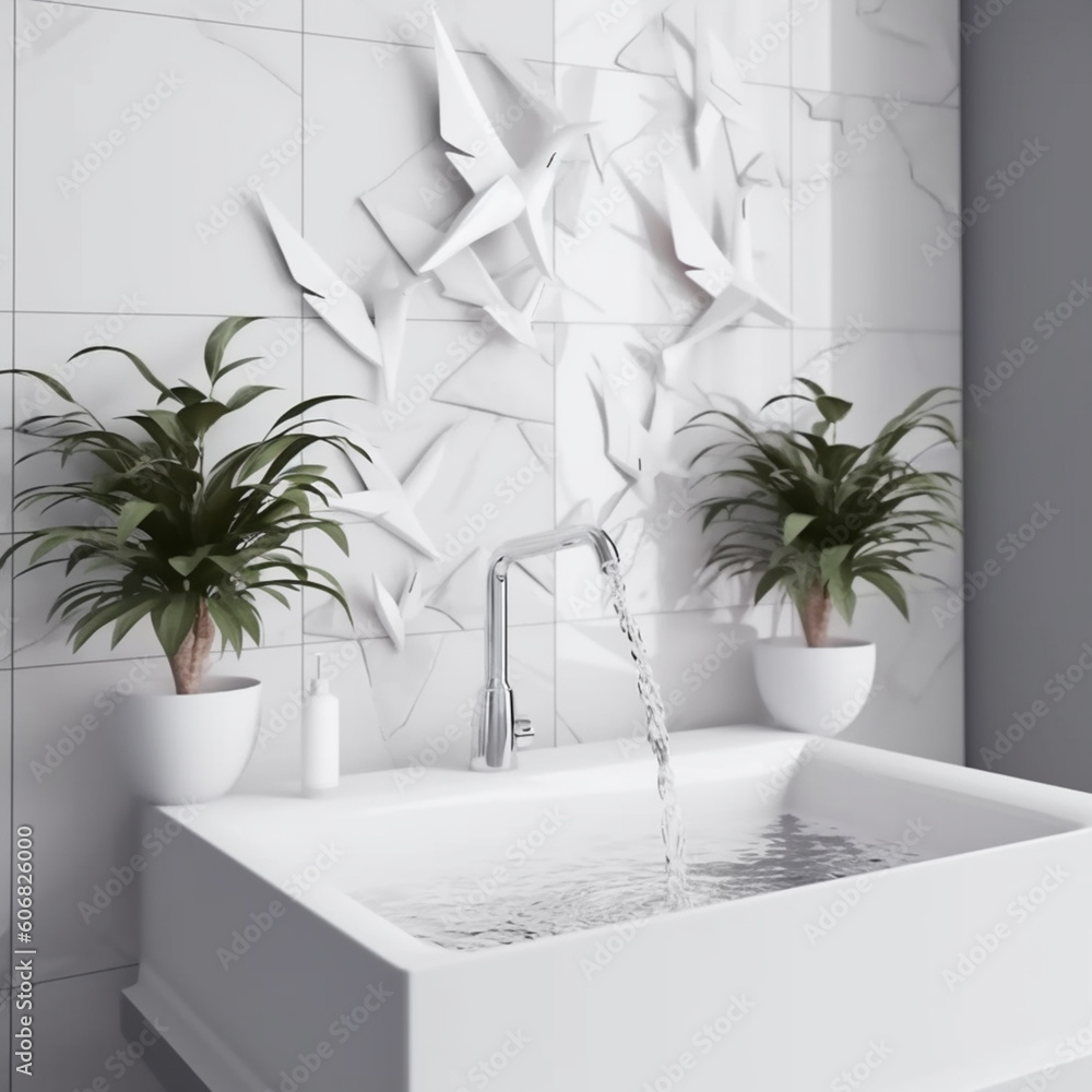Poster bathroom design with a white sink and a custom-shaped faucet in a minimalist style. the flow of wate