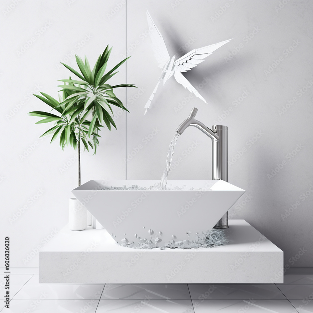 Poster bathroom design with a white sink and a custom-shaped faucet in a minimalist style. the flow of wate