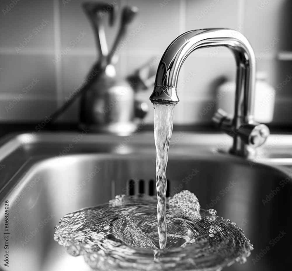 Poster sinks and faucet in a minimalistic style. the flow of water from the mixer. generative ai