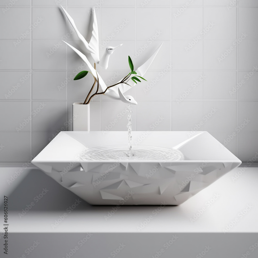 Poster bathroom design with a white sink and a custom-shaped faucet in a minimalist style. the flow of wate