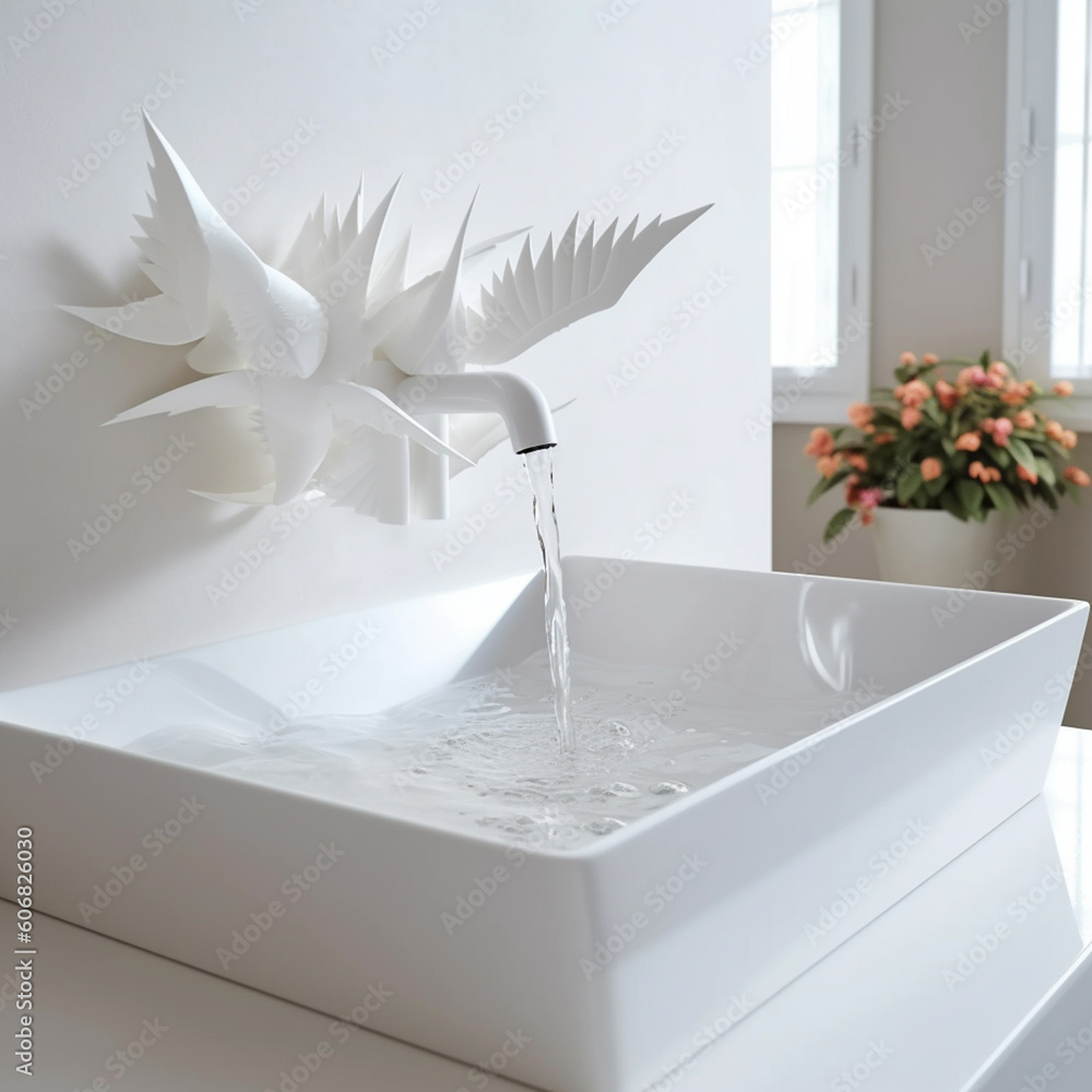 Poster bathroom design with a white sink and a custom-shaped faucet in a minimalist style. the flow of wate