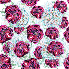 Seamless Pattern of hand drawn watercolor peonies and hydrangea flowers .Isolated background.Design for wedding invitation, fabric, packaging, textile, cover, postcard, paper, greeting cards, blog