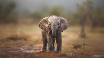 Sorrow in the Rain: A Lone Baby Elephant's Tearful Moment. Generative ai