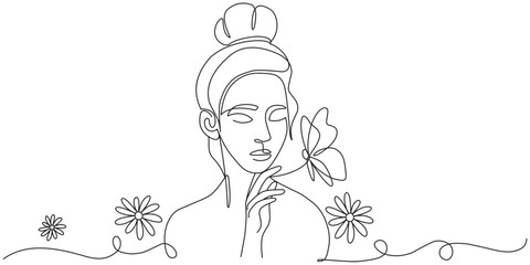 Women’s day line art style vector illustration. Line art vector illustration of girl with flowers and butterfly