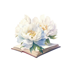 Watercolor white Peony floral book, summer floral blossom, Generative AI, png image.