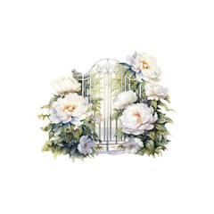 Obraz na płótnie Canvas Watercolor white gate with Peony flowers, summer floral blossom, Generative AI, png image.