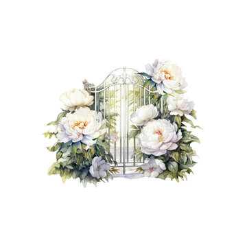 Watercolor white gate with Peony flowers, summer floral blossom, Generative AI, png image.