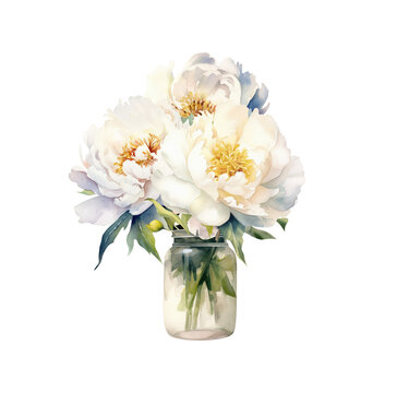 Watercolor white Peony bouquet, summer floral blossom, Generative AI, png image.