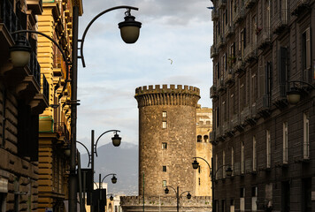 Fototapeta na wymiar Tower of the Castel Nuovo (New Castle) or Maschio Angioino in Naples, Italy