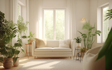 living room interior minimalist ivory living room with natural light and green plants, Generative AI	