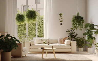 Minimalist ivory living room with natural light and green plants, Generative AI	
