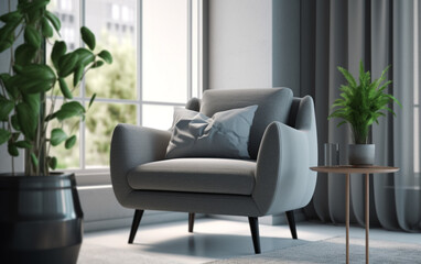 Minimalist living room design with sleek gray armchair, Generative AI	
