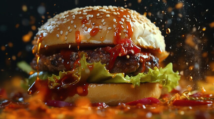 Burger burns marks on bread oil juicy chili sauce on black background.