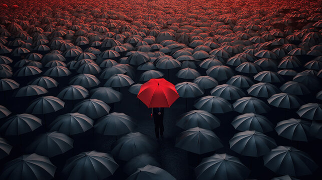 The Standout: A Red Umbrella Amidst a Sea of Black. Generative AI
