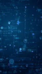 Blue digital artificial intelligence (AI) icon and data matrix simulation with futuristic HUD screen technology on blue abstract background vertical video concept
