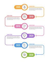 Timeline vertical infographics template 6 years to success. Milestone, Anniversary, Annual report. Vector illustration.