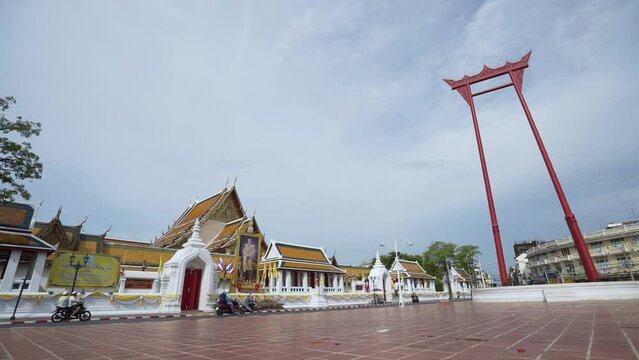 The distinctive red teak swing pole is an important historical landmark, an invaluable landmark of Bangkok, Thailand.