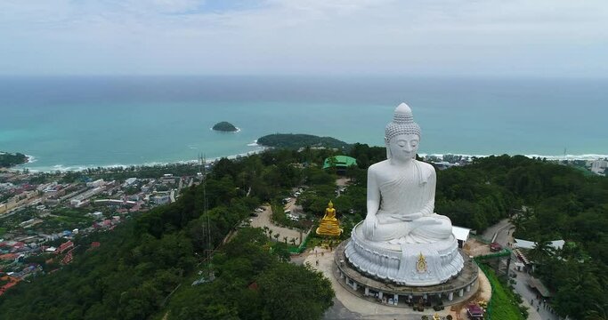 Aerial landscape view ,The Big Buddha or Phra Phuttha Ming Mongkhon Aknakakhiri, the big white Buddha statue on the top of the mountain, Phuket, Thailand landmark.
