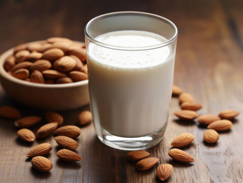 Almond milk in glass with almonds on wooden table. AI generatrive