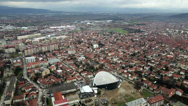 Aerial landscape footage of Leskovac, city in south Serbia, winter time.