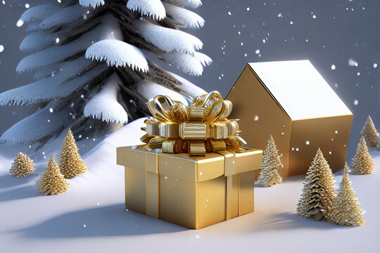 gift box and christmas trees in snowy landscape 3d rendering