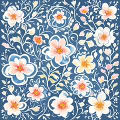 Fototapeta na wymiar white flowers watercolour vector blue background seamless pattern illustration Generative AI