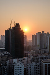The sunset in Kowloon, under the Garden Hill in Sham Shui Po, Hong Kong.