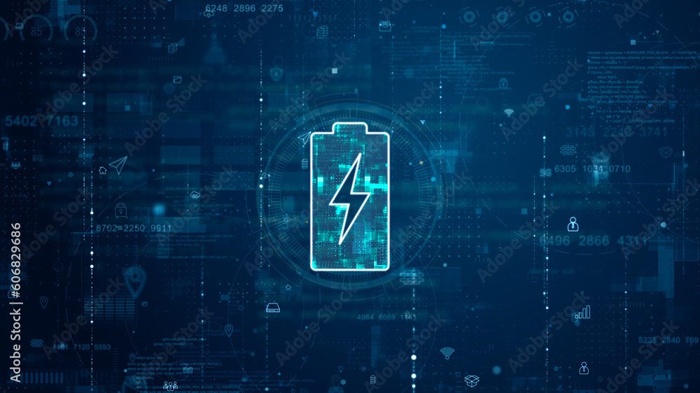Poster blue digital battery logo and futuristic circle hud with big data processed on grid line background 