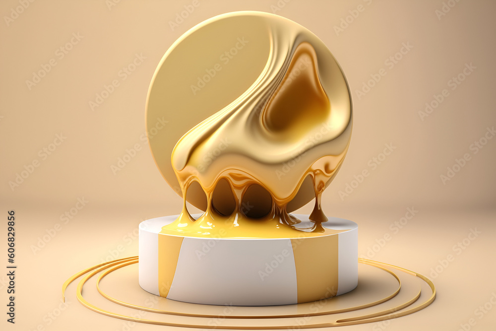 Poster abstract minimal concept. luxury gold shimmer background with podium, liquid swirl abstract landscap