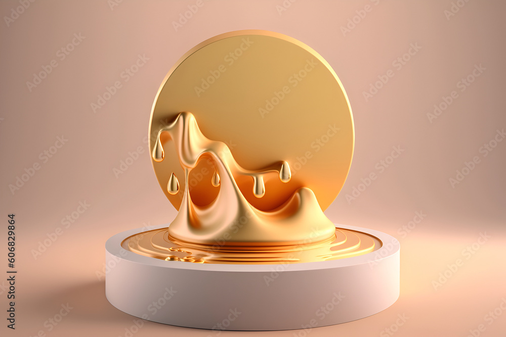 Poster abstract minimal concept. luxury gold shimmer background with podium, liquid swirl abstract landscap