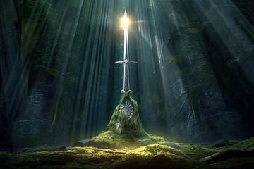 Excalibur, The Legendary Sword of King Arthur: A Hero's Mediaeval Fantasy in a Dark Forest with Light Rays: Generative AI