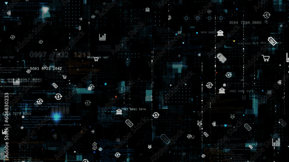 Poster blue money icon and data matrix simulation digital grid line with futuristic hud screen on black abs