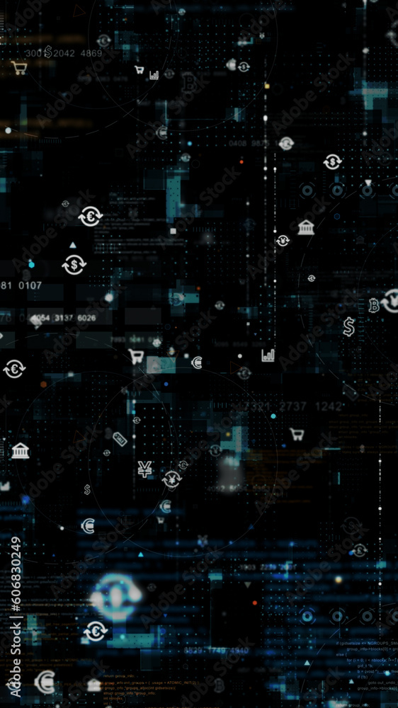 Aufkleber blue money icon and data matrix simulation digital grid line with futuristic hud screen on black abs