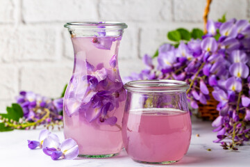 Drink for health made from Wisteria sinensis flower. Wisteria sinensis sherbet. Turkish name; Mor salkim serbeti