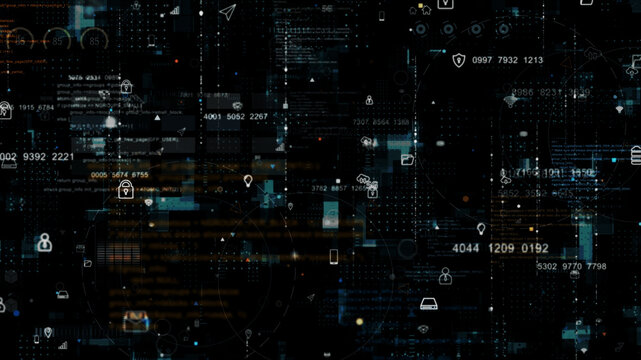 Blue data matrix simulation digital grid line and ai technology icon with futuristic HUD screen on black abstract background