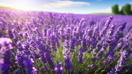 Fototapeta premium Lavender flowers blooming on lavender field background.