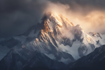 Majestic Peaks: Snow-Capped Mountain's Grandeur Through a Telephoto Lens