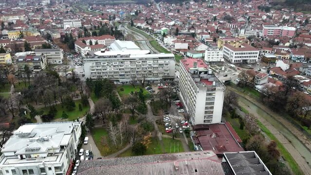 Aerial landscape footage of Leskovac, city in south Serbia, winter time.