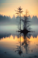 Fototapeta na wymiar ranquil Reflections: Mist-Covered Lake at Dawn, Prime Lens Photography