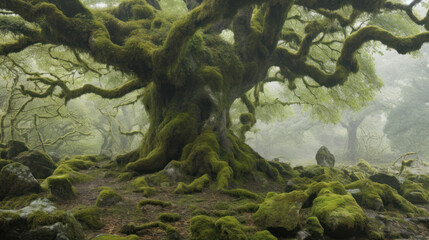 Shrouded in History: The Ancient Oak Tree Embraced by Moss. Generative AI